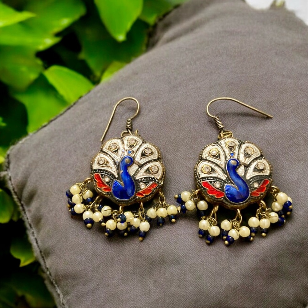 Vintage Peacock Design Earrings with Blue and Red Accents